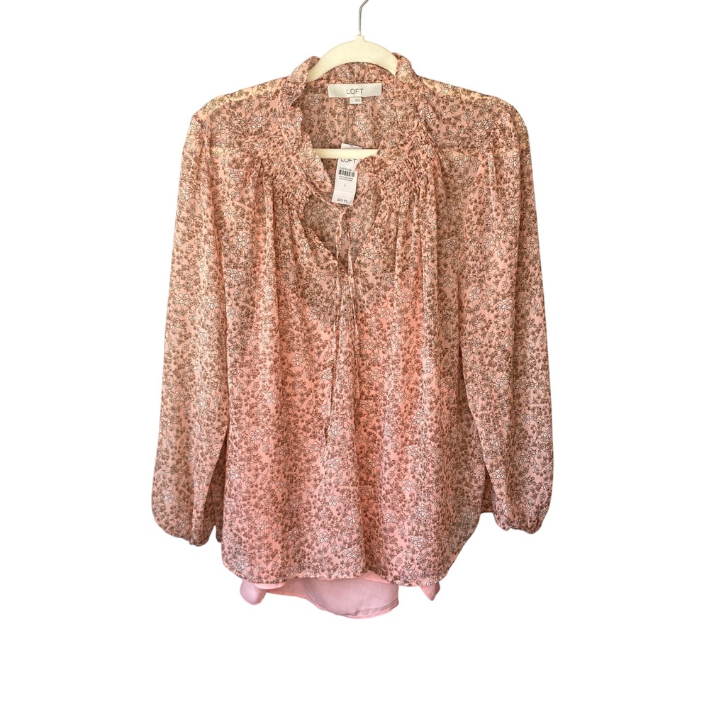 LOFT Peachy Pink Floral Ruffle Neck Tie Blouse Long Sleeve Lined Top Large NWT
